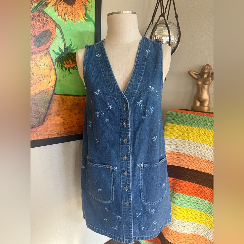 Embroidered Denim V-Neck Midi Dress